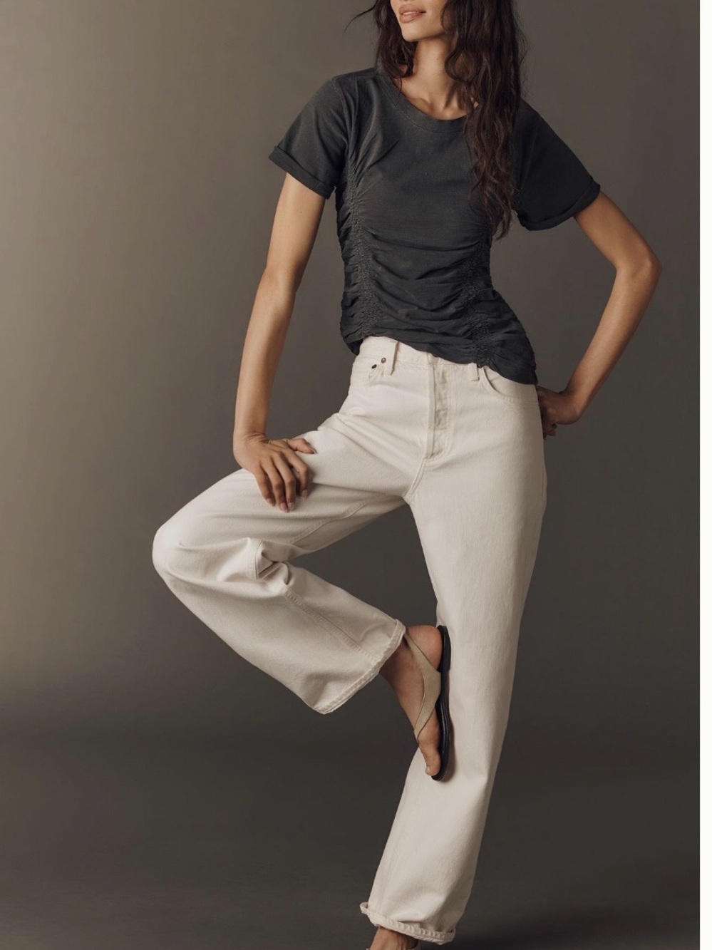 Ruched Short Sleeve Tee in Charcoal - Picture 3 of 3